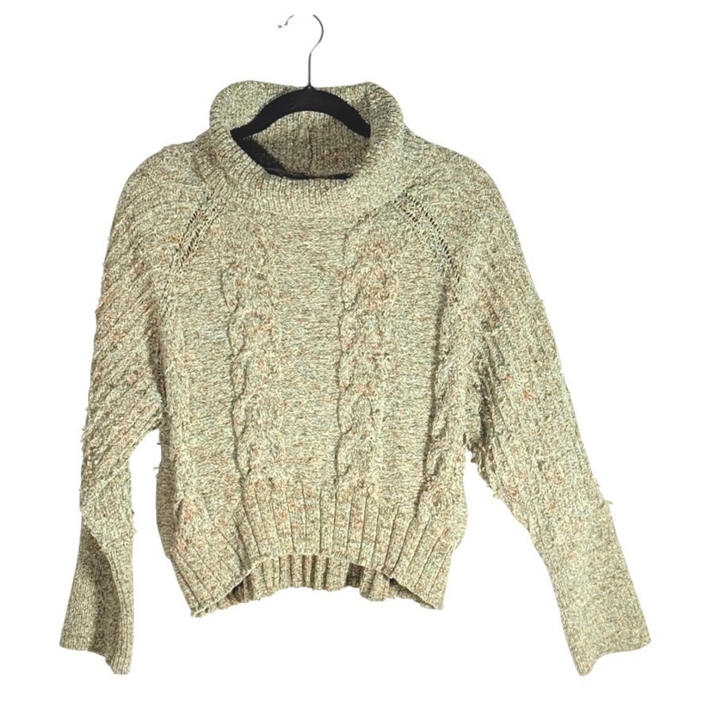 Green Marled Cable Knit Cowl Neck‎ Cropped Sweater Small y2k cabincore 90s cozy